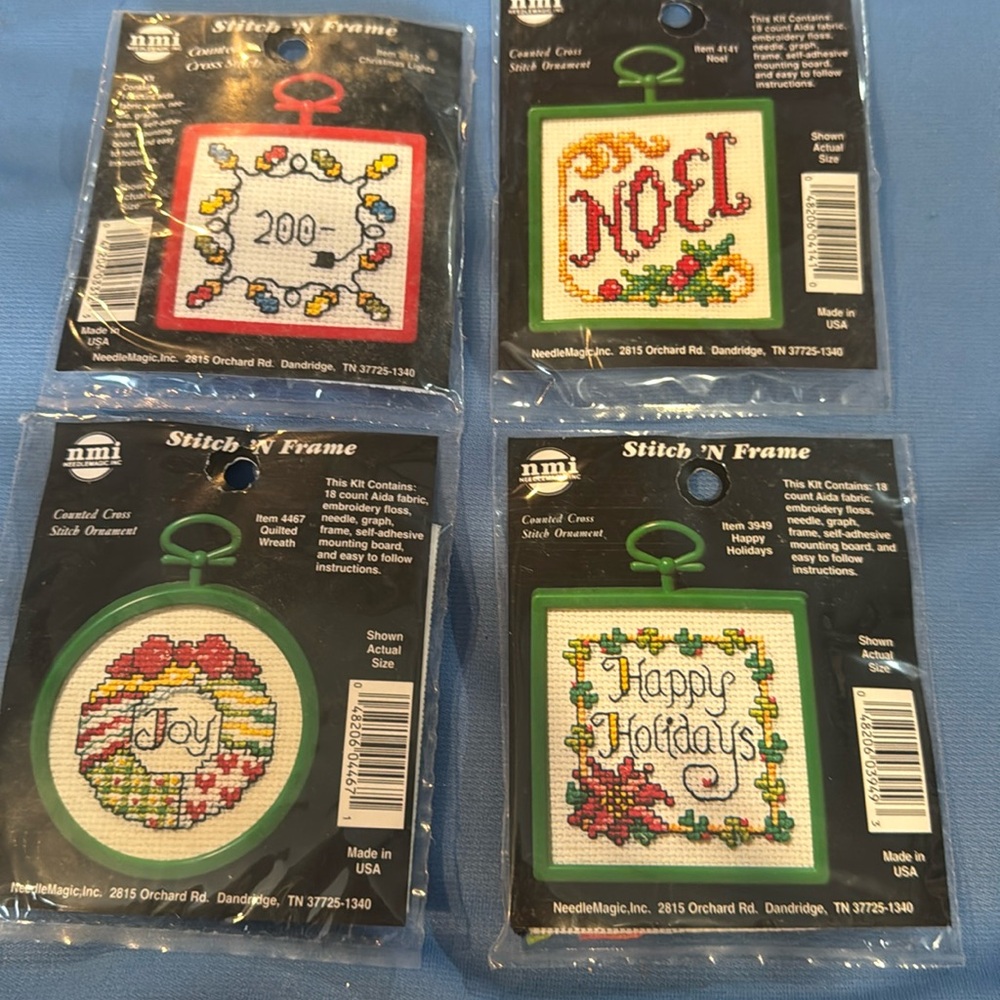 NEW Counted Cross Stitch 9 Pack Noel, Joy, Happy Holidays, Frosty, Santa, Angel